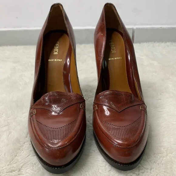 Fendi Women's Brown Leather Platform Pumps Heels Size 38 1/2 - Picture 2 of 15